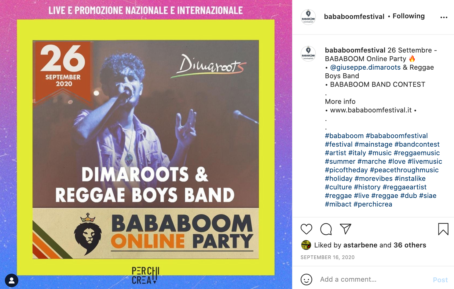 In 2020, as in-person activities were cancelled due to the COVID-19 pandemic in Italy, Bababoom Festival organized a number of online performances in lieu of their usual programming to sustain their engagement with their audience by using social media. 